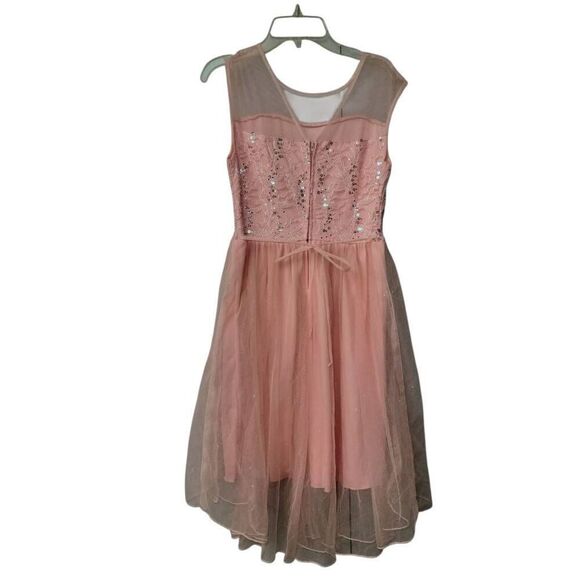 Sequined Glittery Soft Peach High Lo Hem with Irridescent Sparkly Tulle Dress - Picture 3 of 5